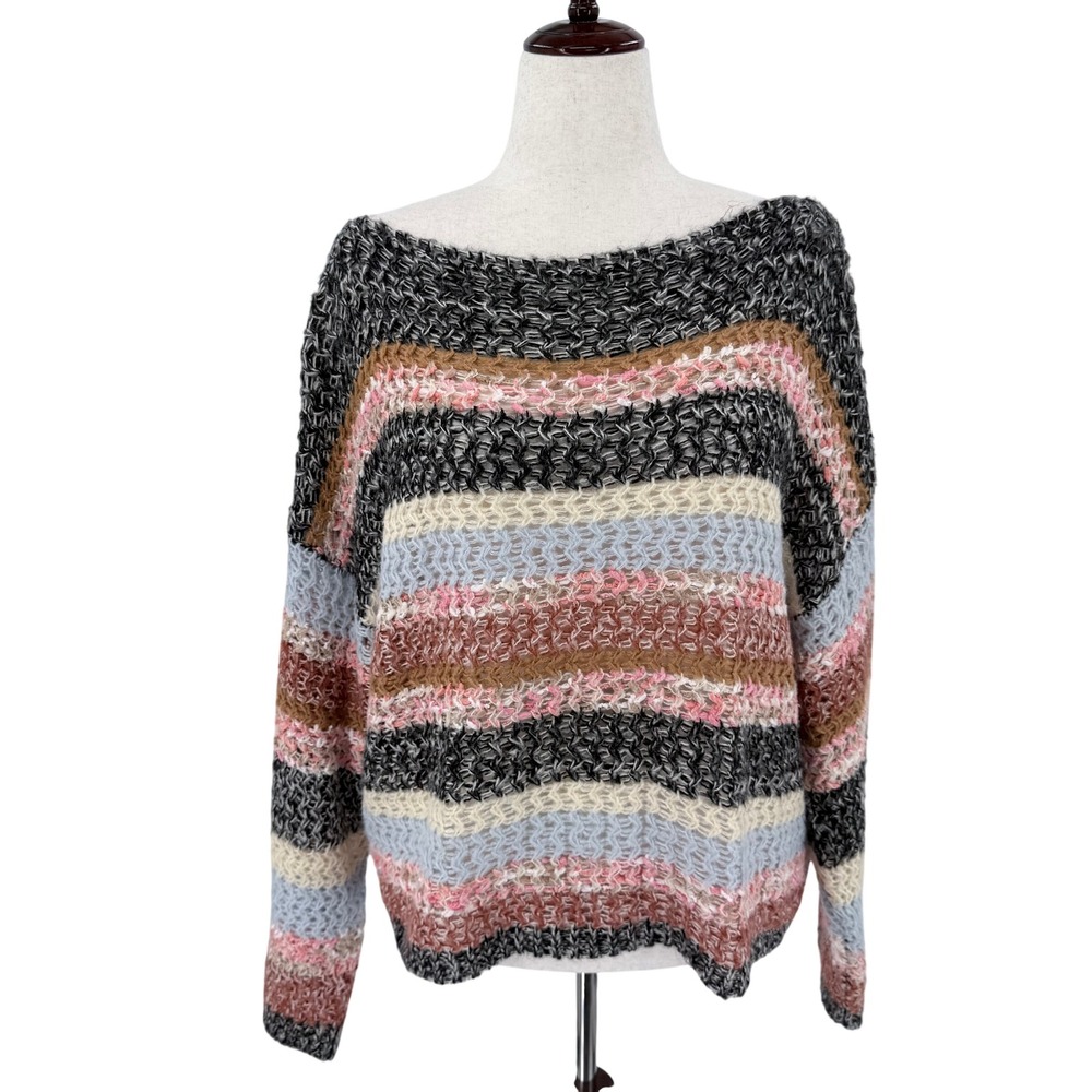 BiBi Womens Striped Open Knit Boat Neck Sweater Multi-Color Boho IP4440 Large